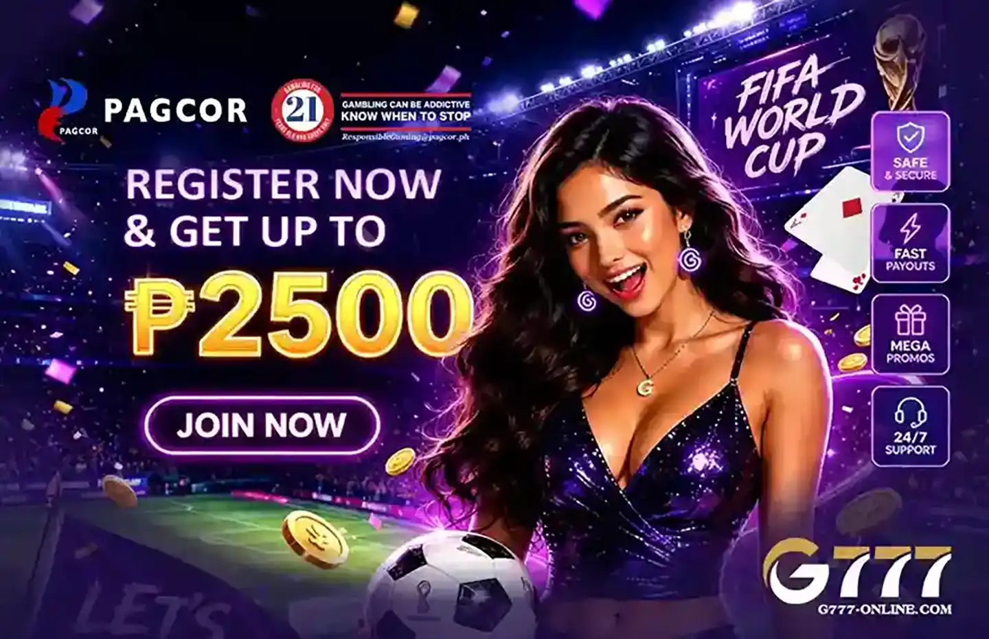 G777 online casino homepage banner featuring exciting games and mobile access